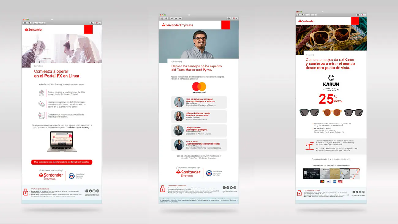 Tres mockups de Newsletters diseñados con la imagen institucional del Banco Santander